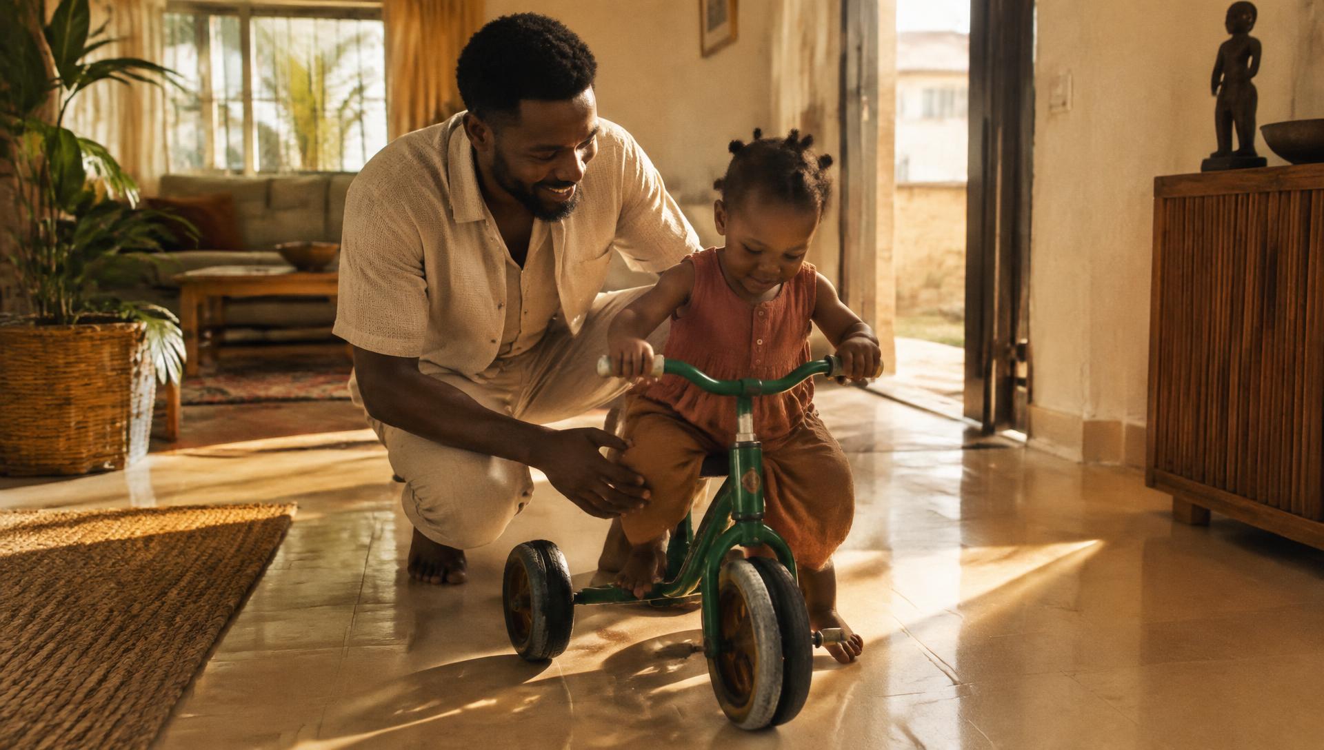A parent guiding a toddler on a green tricycle at home